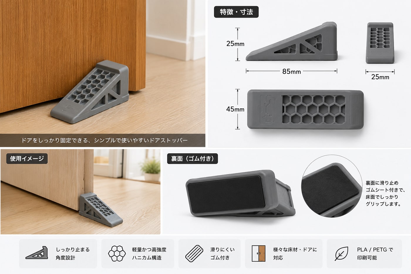 ドアストッパー：Bambu Lab A1/A1 miniで作れる滑り止めゴム付きドアストッパー